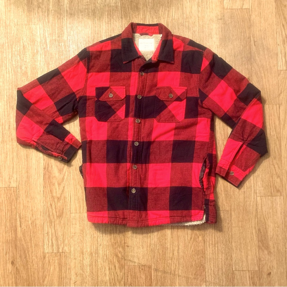 Weatherproof Vintage Men’s M Red Fleece Flannel Shirt Jacket Pockets Button Up